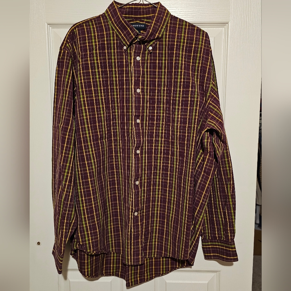 Lands' End Men's Plaid Shirt - Burgundy and Yellow Sz XL